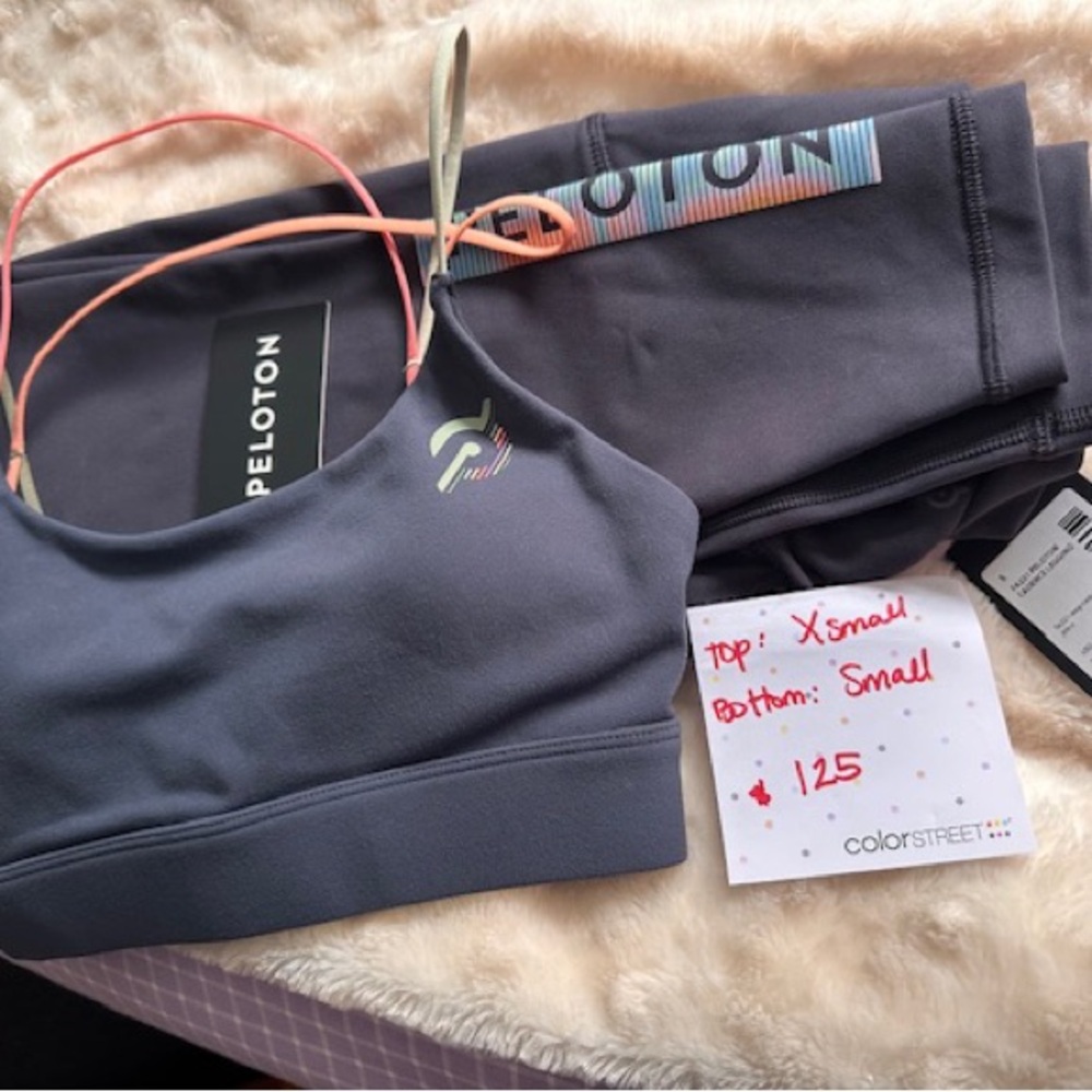 Peloton Charcoal Bra and Leggings with Pastel Accents